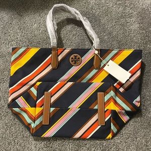 Tory Burch Key Item Canvas Tote Blue Yellow Red Pink Stripes Medley Stripe